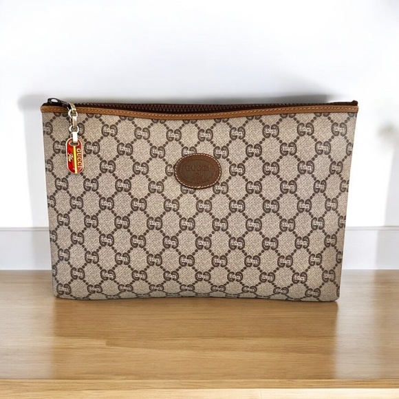 Authentic GUCCI Plus GG Monogram Tan Canvas & Leather Toiletry Clutch Bag Pouch - Picture 1 of 14